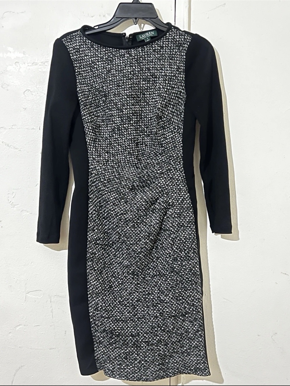 Lauren Ralph Lauren Black White Geometric Long Sleeve Sheath Dress 2 Knee Length